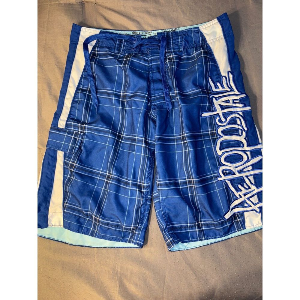 Aéropostale Board Shorts Men Size 30 Blue Plaid Embroidered Polyester Drawstring